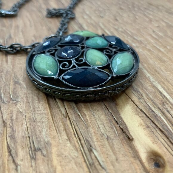 1928 Mosaic Style Green Deep Blue Faceted Pendant Gunmetal Chain Necklace - Picture 5 of 7